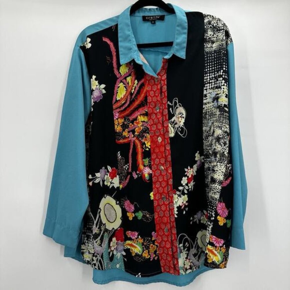 Citron Santa Monica Top Shirt Womens 1X Blue Button Up Asian Floral Woven